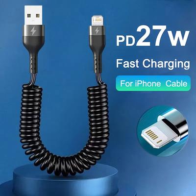 PD 27W Cargador Rápido USB C para Coche Cable Para iPhone 15 14 13 12 11 Pro Max Plus X XR XS Cable de Carga Telescópico de Resorte Accesorios