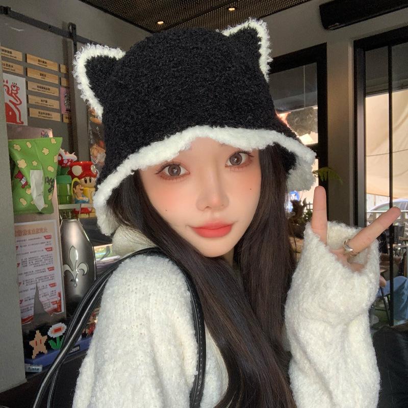 Korean Version of Versatile Autumn and Winter New Hat for Women Cute Bear Imitation Lamb Velvet Fisherman Hat Winter Warm Wave Edge Basin Hat