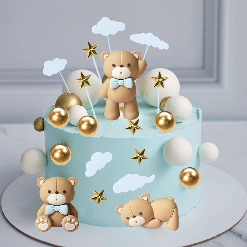 19 PCS Mini Brown Bear Cake Decoration Beige Balls Cake Topper Decoration for Birthday Party Decorations