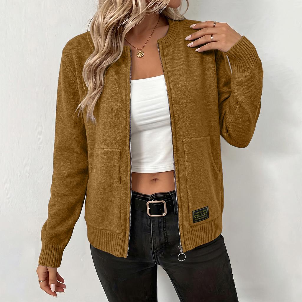 Women's Color Zip-Up Knit Cardigan with Collar and Two Pockets