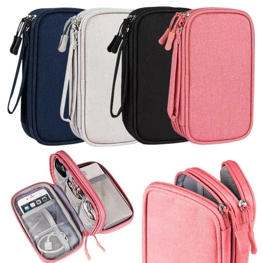 Double Layer Digital Storage Pouch Waterproof Travel Data Cable Storage Bag Solid Color Headphone Hard Disk Organizer