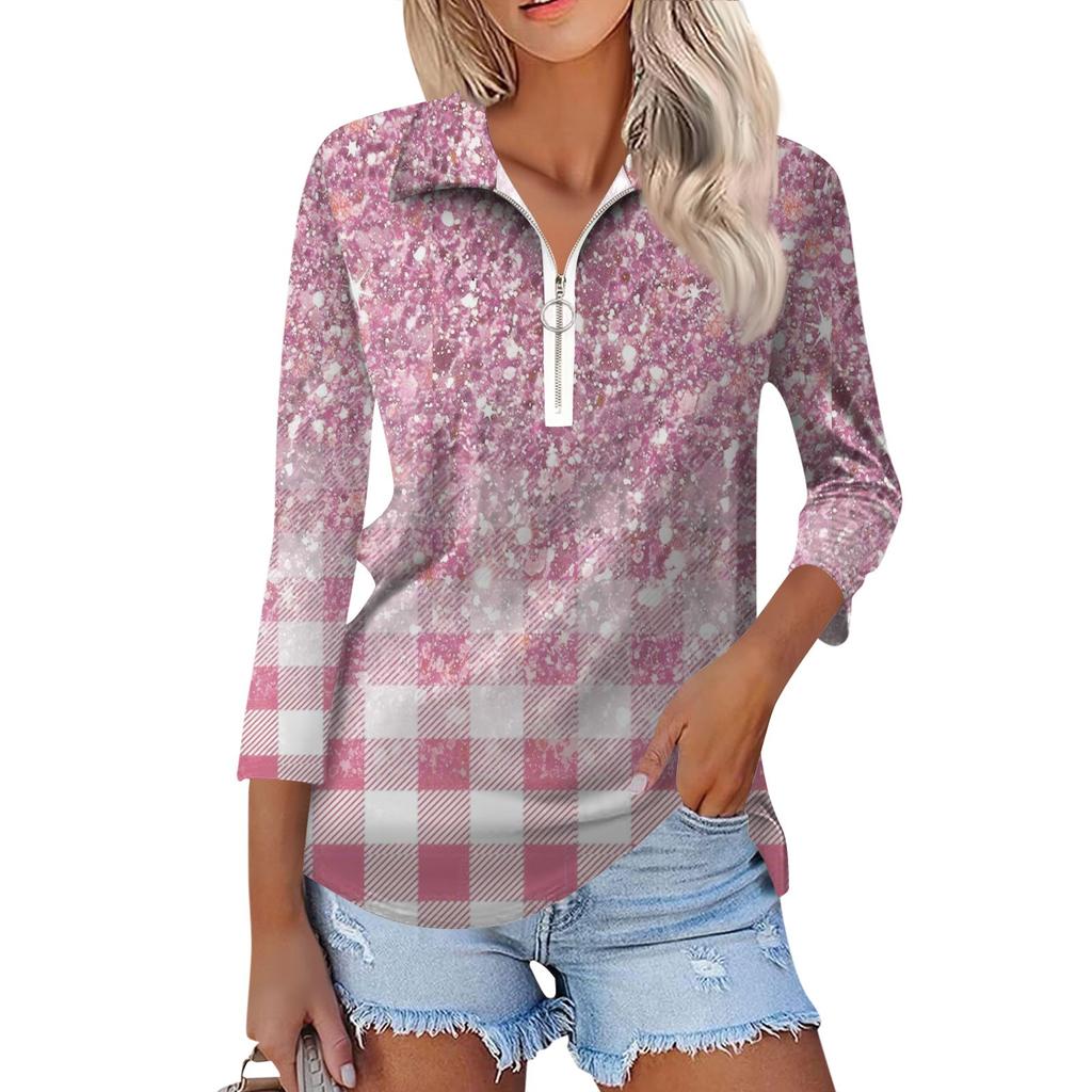 Women's Summer Fashion Casual Printed V-Neck Seven-Point Sleeve   Shirt Top