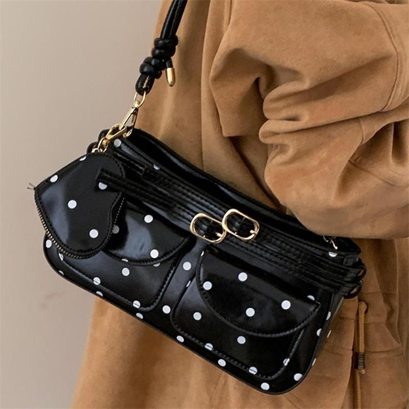 Korean Polka Dot Leather Handbag Women Heart Purse Charm Decor Shoulder Bag Fashion Belt Buckle Design Multi Pocket Underarm Bag