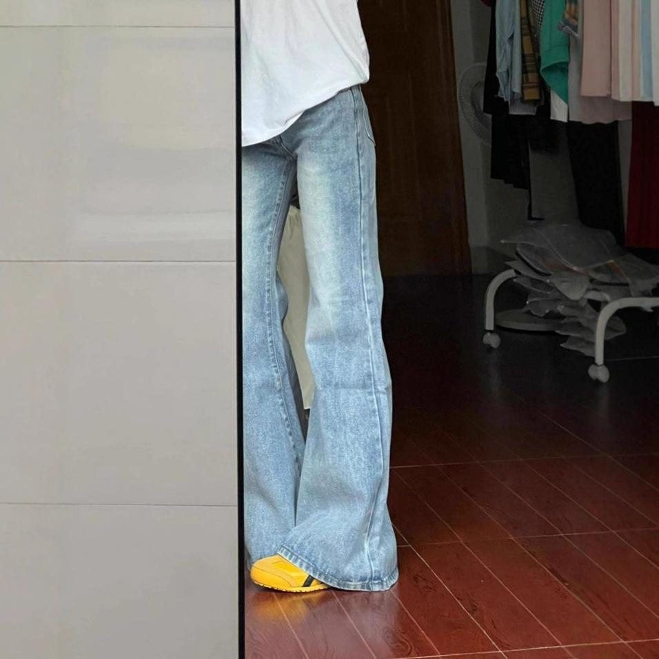 Light Colour Flare Jeans Women Big Size High Waist Design Sense Wide Leg Trousers Elastic Show Skinny Micro Flare Trousers Long Denim Pants