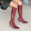 Fashion Patent Leather Women Knee High Boots Pointed Toe Knight Botas Thin High Heels Back Zipper Black Red Beige Soft Party Winter Bota