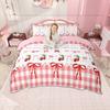 Homewish Kawaii Cherry Duvet Cover Set For Girls, Cute Bow Knot Bedding For Princess, Geometric Buffalo Plaid Bed Cover Set