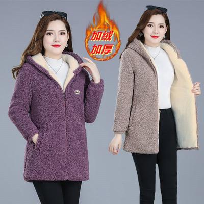 Wollmantel für Frauen mittleren Alters Mode Winterjacke Damen Lockerer Kapuzenmantel Granular Kaschmir Baumwolle Lammkaschmirmantel