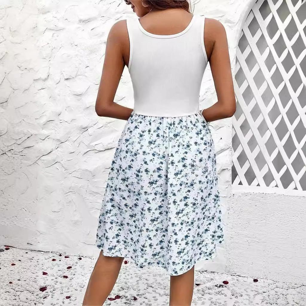 Women Summer Casual Sleeveless Lace Splice Floral Printed Above Knee A Line Dress