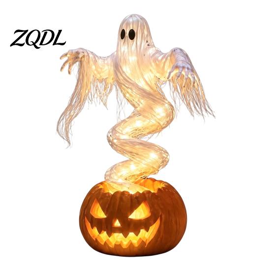 Illuminated Ghost Patio Ornaments Halloween Swirling Pumpkin Yard Lamp, Lighted Spooky Outdoor Decorations Statue, Warm LED Decoration for Porch