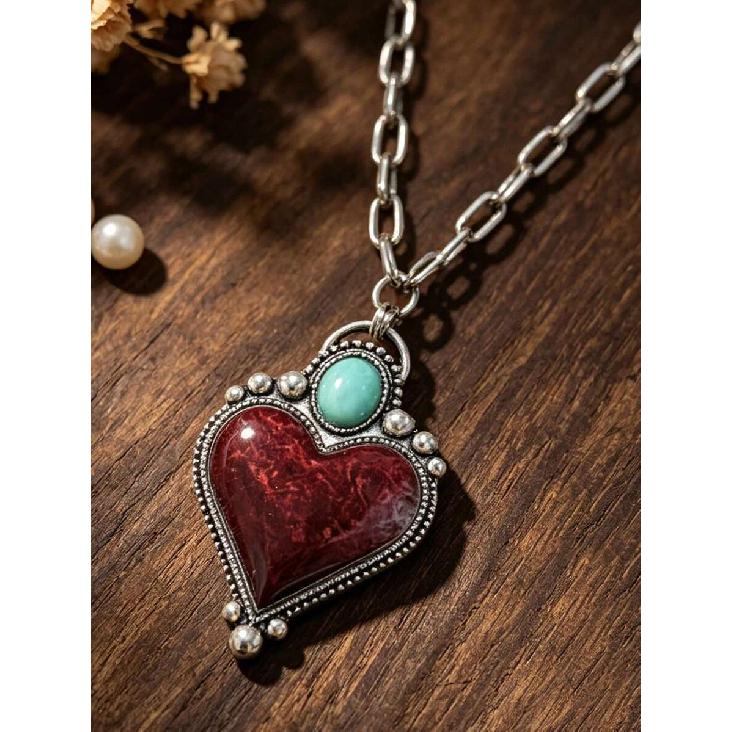 American Western Style Heart-Shaped Alloy Necklace, Vintage Distressed Artificial Turquoise & Burgundy Heart Pendant Choker