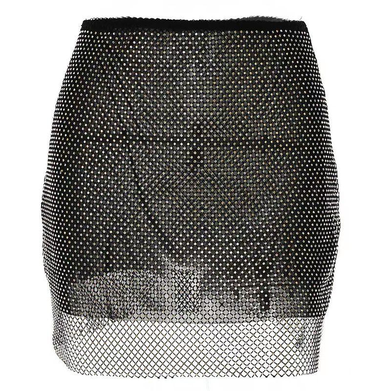 

Fashion Wind Colorful Crystals Mesh Skirt Sexy Hip Skirt Mesh Diamond Wrapped Hip Skirt Black S