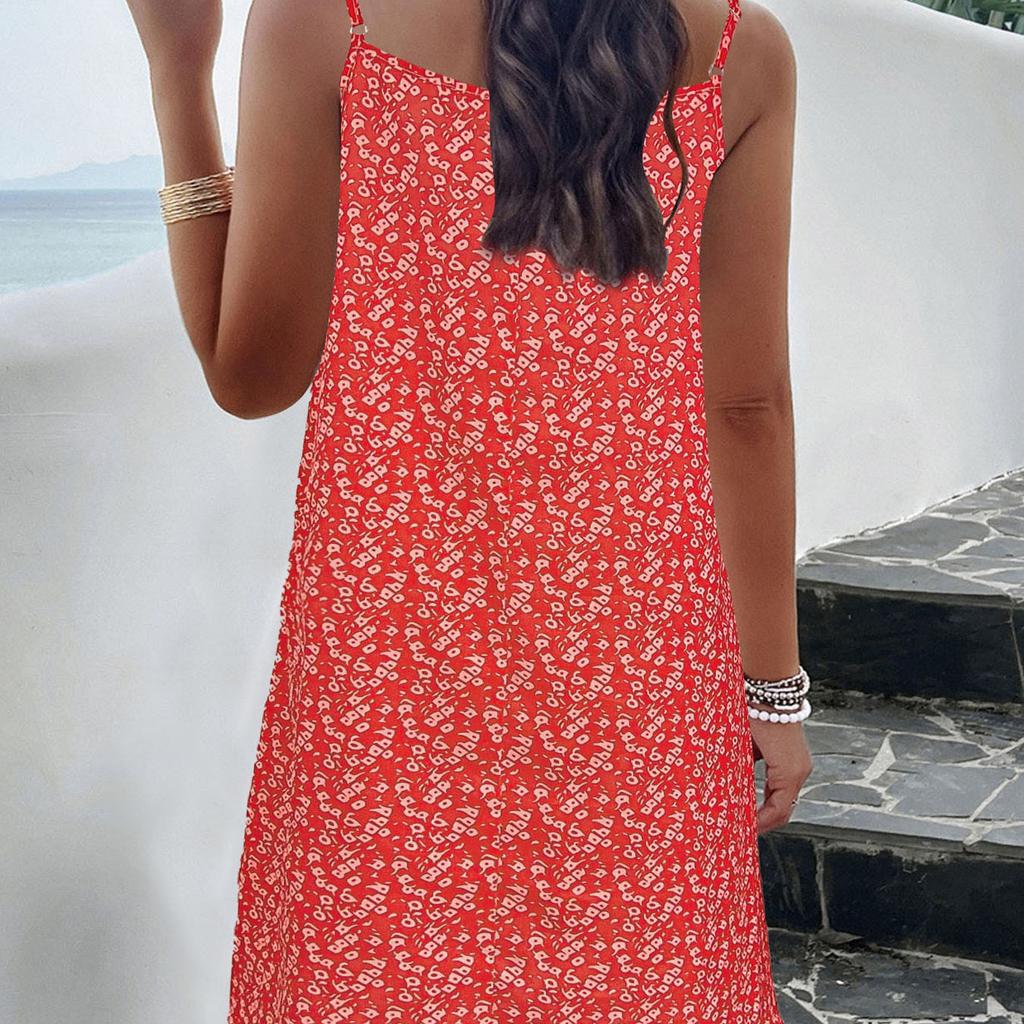 Rochie la modă cu temperament, cu imprimeu floral, cu gât rotund, fără mâneci, cu bretele, cu imprimeu