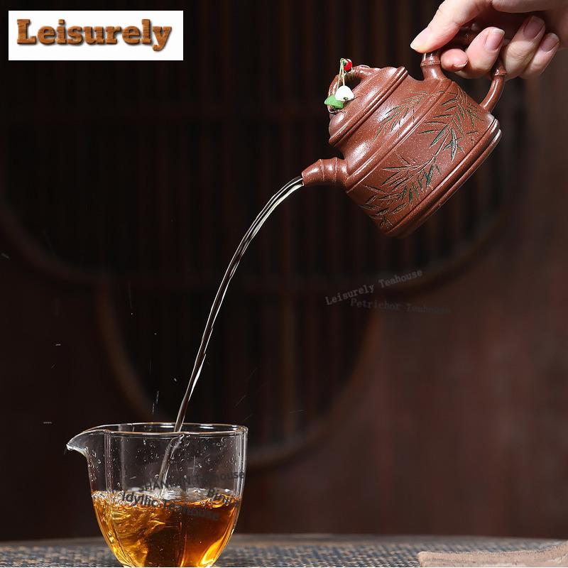 250ml Yixing Purple Clay Teapots Artists Handmade Bamboo Tripod Pot Raw Ore Red Downhill Mud Tea Brewing Kettle Zisha Tea Set
