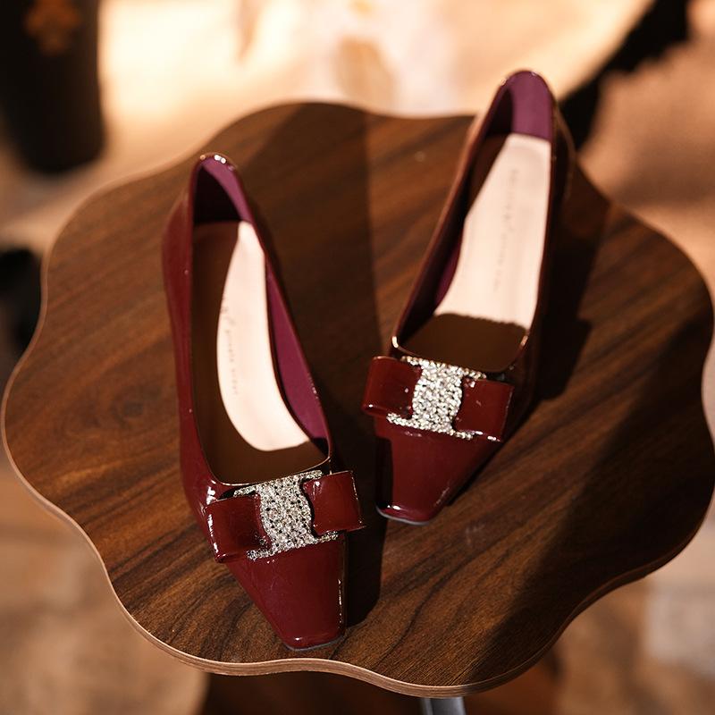 Luxury Flash Diamonds~ Sweet Temperament Wedge Heels Flats Women's Square Head Bow Single Shoes Casual Spring and Autumn