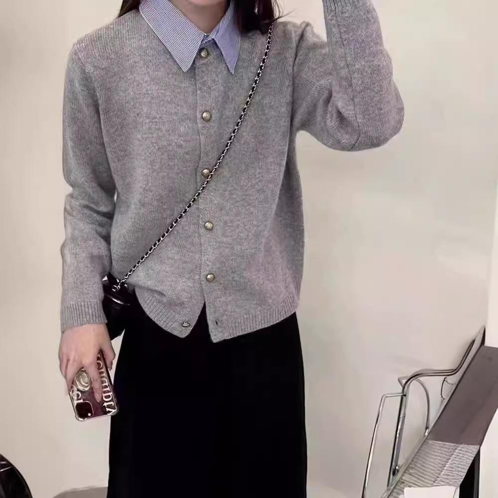 Frühlingsmodelle Falscher zweiteiliger Strick-Cardigan-Pullover Damen Temperament Pendler Zauber Hemdkragen Einreihiger Cardigan Damen