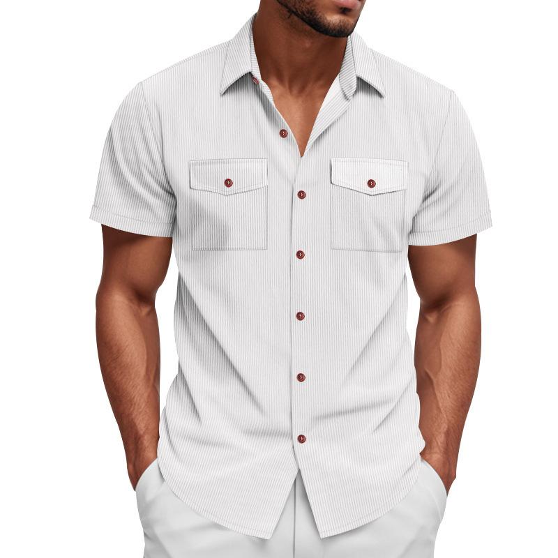 Men s Vertical Pinstripe Lapel Dual Chest Pocket Short Sleeve Button Down Casual Shirt S
