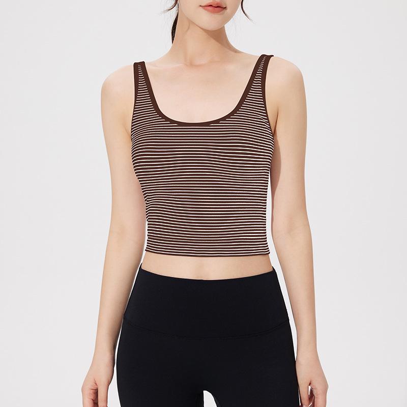 

Весенний облегающий топ для йоги 2025 с чашками и полосатым внутренним слоем - Спортивный фитнес-топ Large кофейный