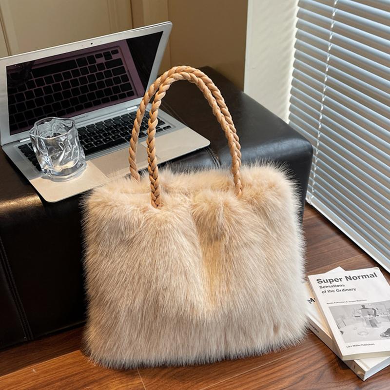Women Fashion Plush Shoulder Bag Solid Color Woven Strap Large Capacity Soft Material Lightweight Daily Commute Handbag KTB