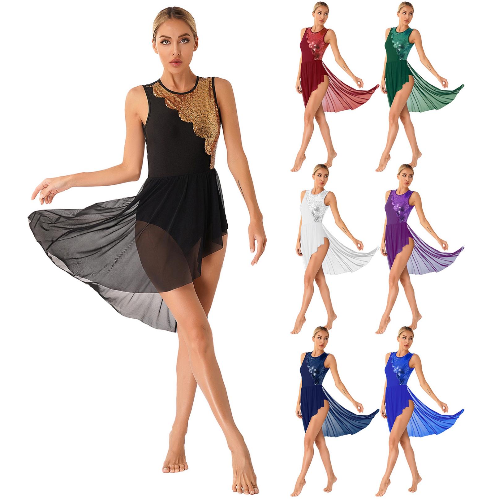 

Жіноча сукня для фігурного катання, блискуча сукня без рукавів і паєток, купальник, балетний костюм, танцювальний костюм L фіолетовий