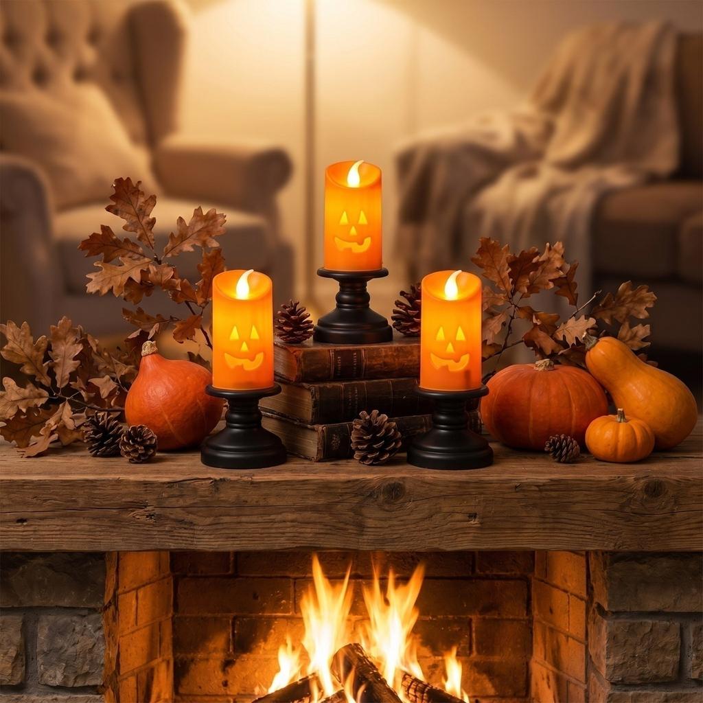 3pcs Halloween Pumpkin LED Candle Holder Set Flameless Night Light Electronic Decorative Tabletop Ornament for Home Party Bar Decor