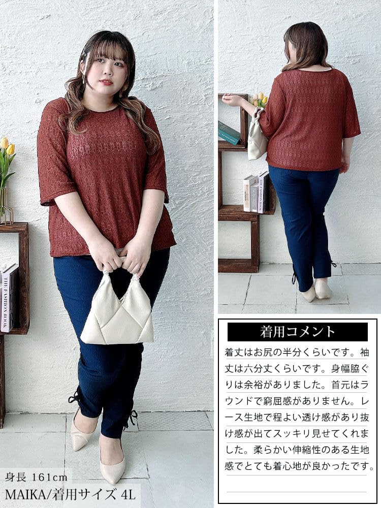 Gold Japan Plus Size Size 5L Women's Top, 5/8 Sleeve, Lace, Sheer, Stretch, Summer, Autumn, Spring, Maru-30155, Brown,