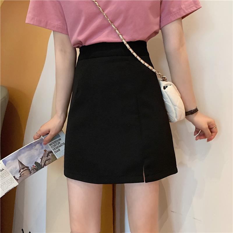 

2023 Summer High-Waist Plus Size Black Slit Midi Skirt for Women – Slimming A-line Short Skirt Pants XL Lined Anti-Exposure чёрный