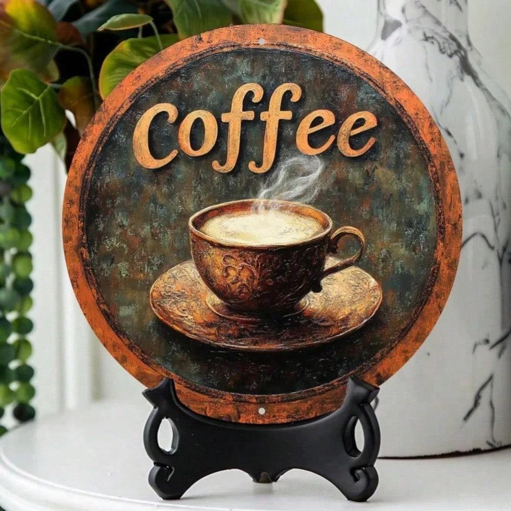 Retro Vintage Coffee Metal Wall Sign Round 8 Inch Rustic Aluminum Art Decor For Home Kitchen Living Room Bathroom