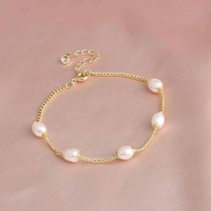 14K Gold Plated Irregular Freshwater Pearl Strand Bracelet For Women Girls Casual Jewelry Accessory
