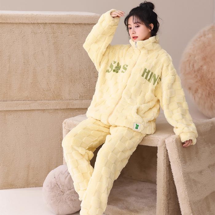 Women's Flannel Jacquard Pajamas - Zippered, Thickened, Warm Autumn/Winter Outerwear