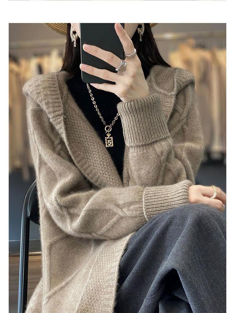 Women's Thick Cable Knit Hooded Coat - Mid-Length, Over-the-Knee, Autumn/Winter Outerwear