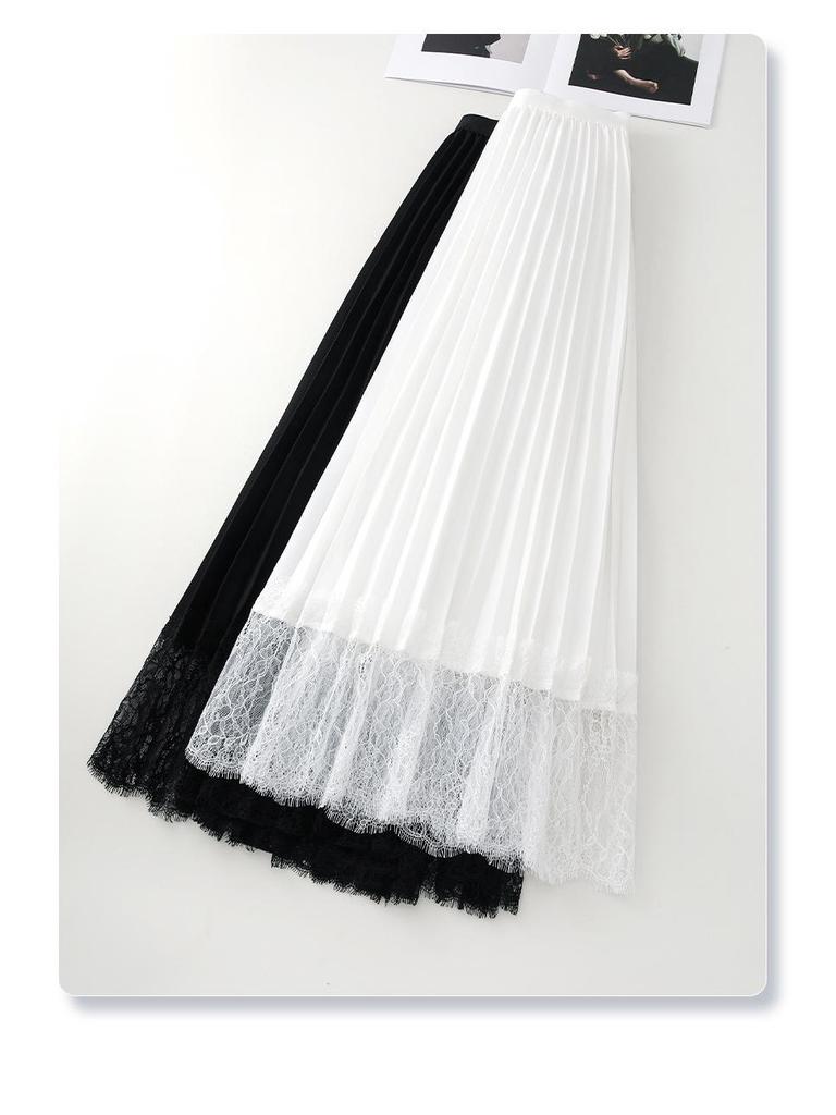 Women’s High Waist White Mesh Pleated A-Line Skirt with Lace Patchwork, Mid-Length, Summer 2025 Collection