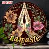 D Flat Pc Vintage Round Aluminum Metal Wall Sign Floral Namaste Blessings Design with Rustic Hands Cm Thin