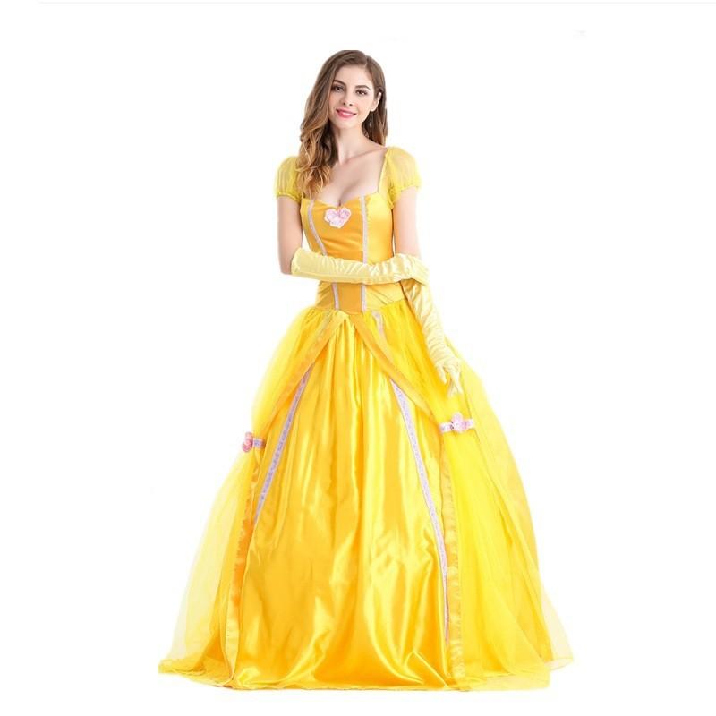 Beautiful woman and beast halloween adult bell princess yellow dress, masquerade costume