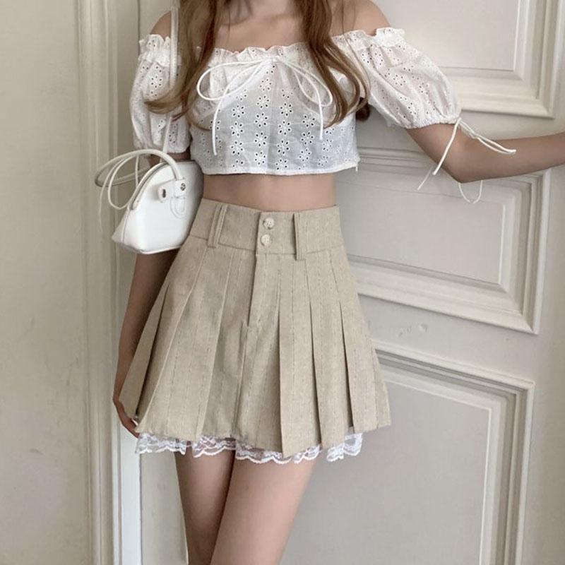 Faltenrock mit Spitzenrand, integrierte Shorts, hohe Taille, A-Wort-Minirock für Damen, süßer Preppy-Stil, koreanische Mode, Frühling/Sommer