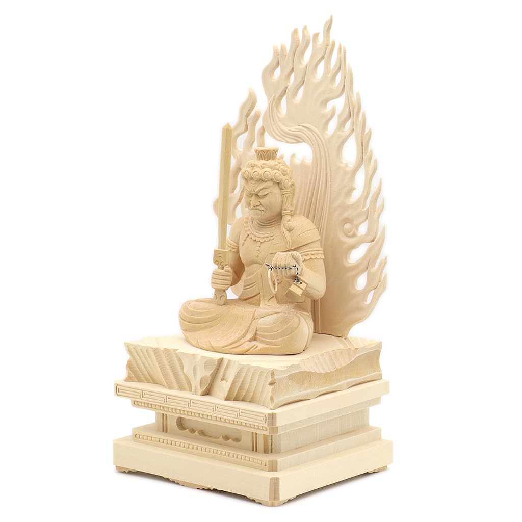 special Buddhist statue Acala seated statue inches height 31 width 16 depth carved cypress wood Flame halo Square rock base 1104 Kurita's [Myo-o] 3.5