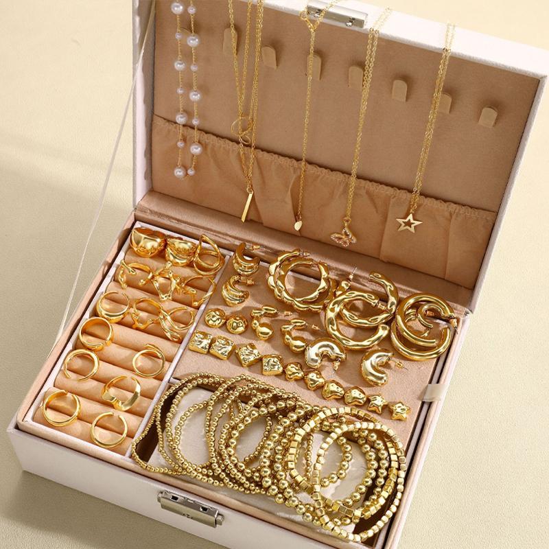 Elegant Vintage Jewelry Set for Women Gold Color Necklaces Earrings Irregular Rings Bead Bracelet Daily Wear Jewelry Gift No Box