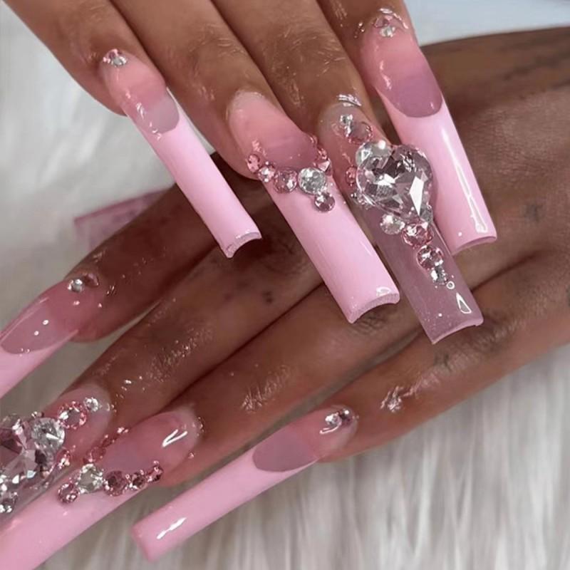 Sweet Heart Design Press-On Nails With Rhinestones French Tip Fake Women Daily Wear