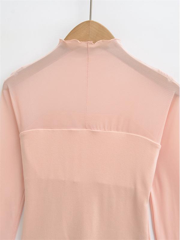 Women's Chic Sheer Mesh Spliced Long Sleeve T-shirt: Elegant Slim-fit, Sexy Base Layer Top