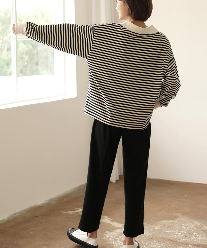 Ppaeppae Open Collar Color Block Striped Knit T-Shirt