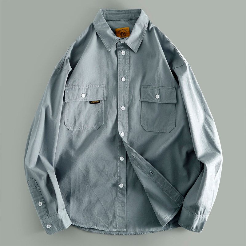 Export Export Tail Single Men's Cut Label Big Brand Leak-Picking Pure Color Multi-Pocket Workwear Shirt Long Sleeve Pure Cotton Shirt Autumn