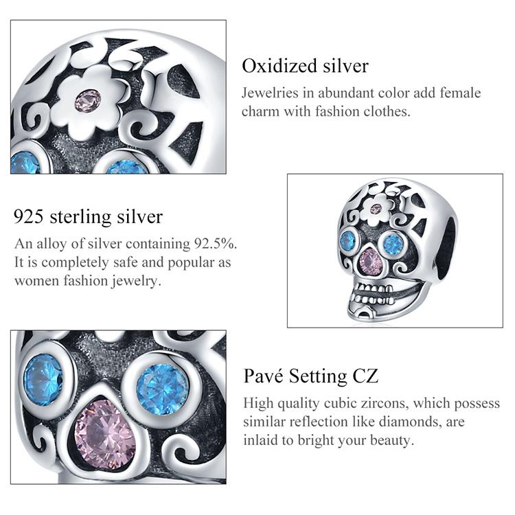 BAMOER 925 Sterling Silver Halloween Blue and Pink Zircon Pattern Skull Charm Beads for Women Fine Jewelry