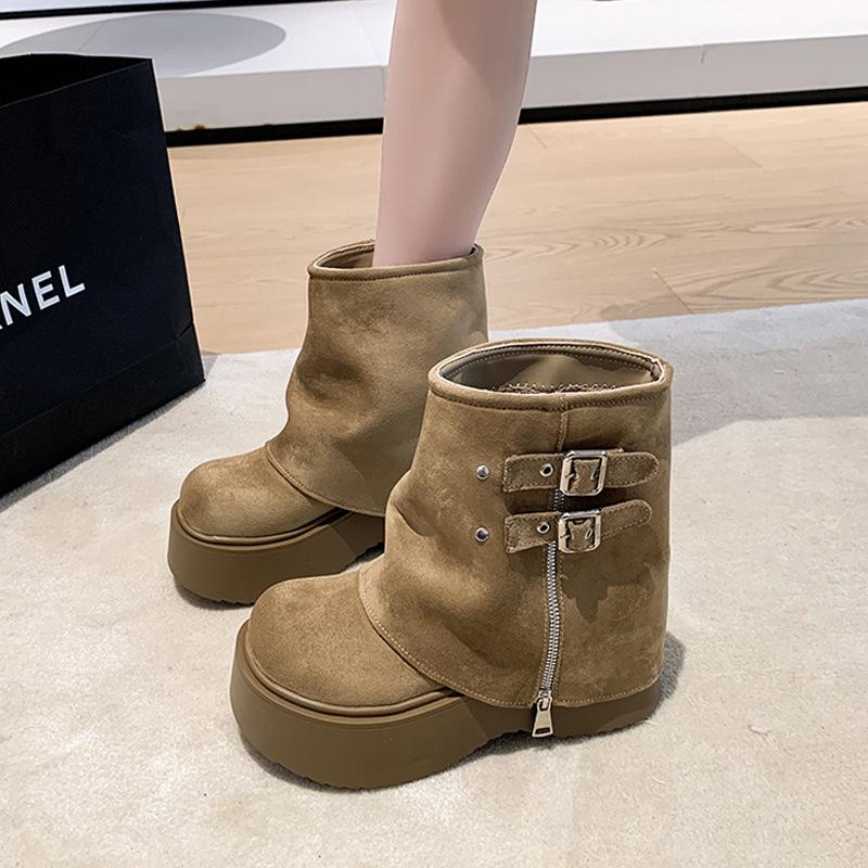 

[Фанфна] Маффин толстоподошвенные большеголовые брюки ботинки для женской осени 2025 новая высота жареная улица западные короткие ботинки 40 хаки