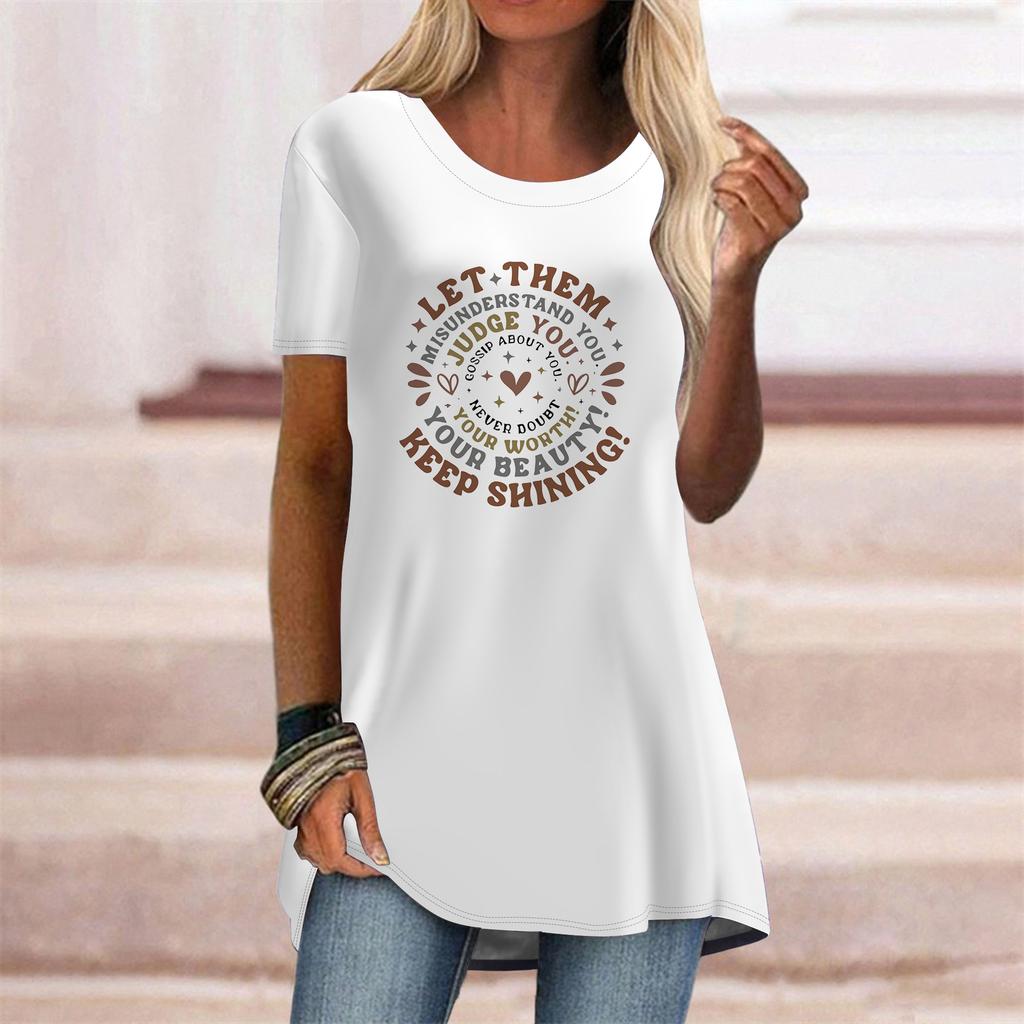 Plus Size Women Summer Colorful Love Printed Comfy Short Sleeve Round Collar T-shirt Casual Baggy Mid Length Tee Tops