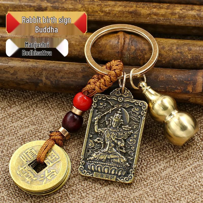 Brass Zodiac Amulet Keychain: Eight Guardian Gods with Hollow Copper Gourd Pendant