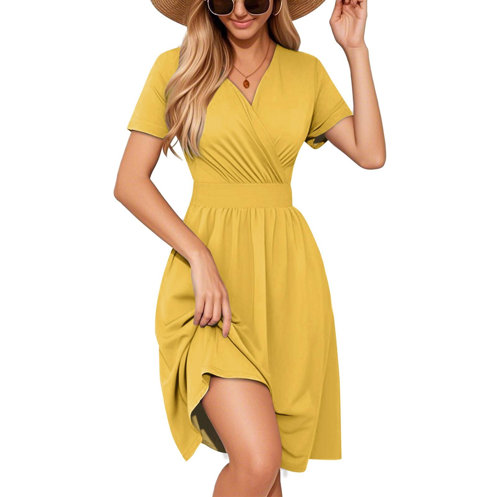 

Women s Dress Is Elegant And Casual, A -color V-neck Short-sleeved Dress XL жовтий