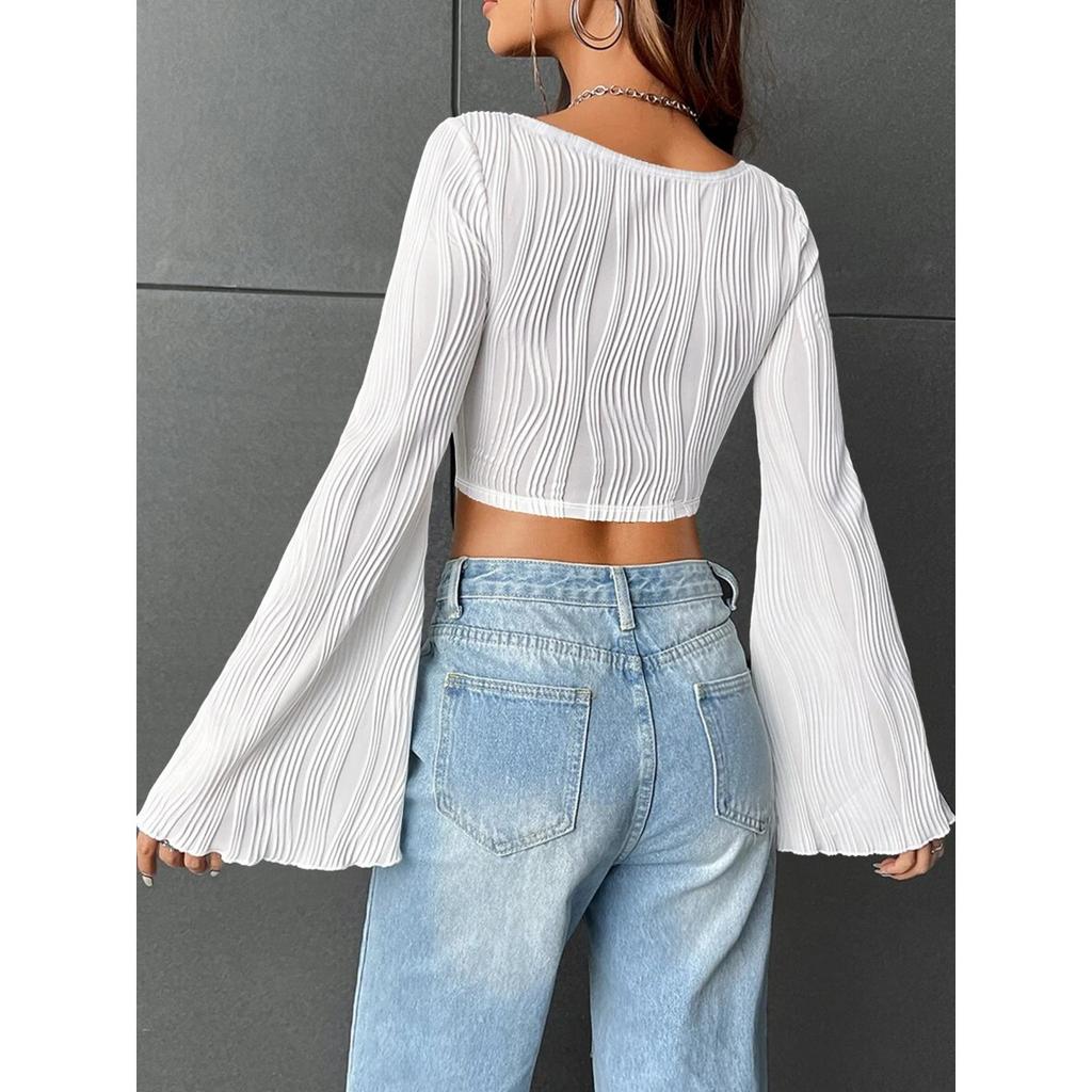 Women's Solid Color U Neck Cropped Flare Long Sleeve T-shirt, Slim Fit Sexy Short Sleeve Top, Fashion Casual Streetwear for Women