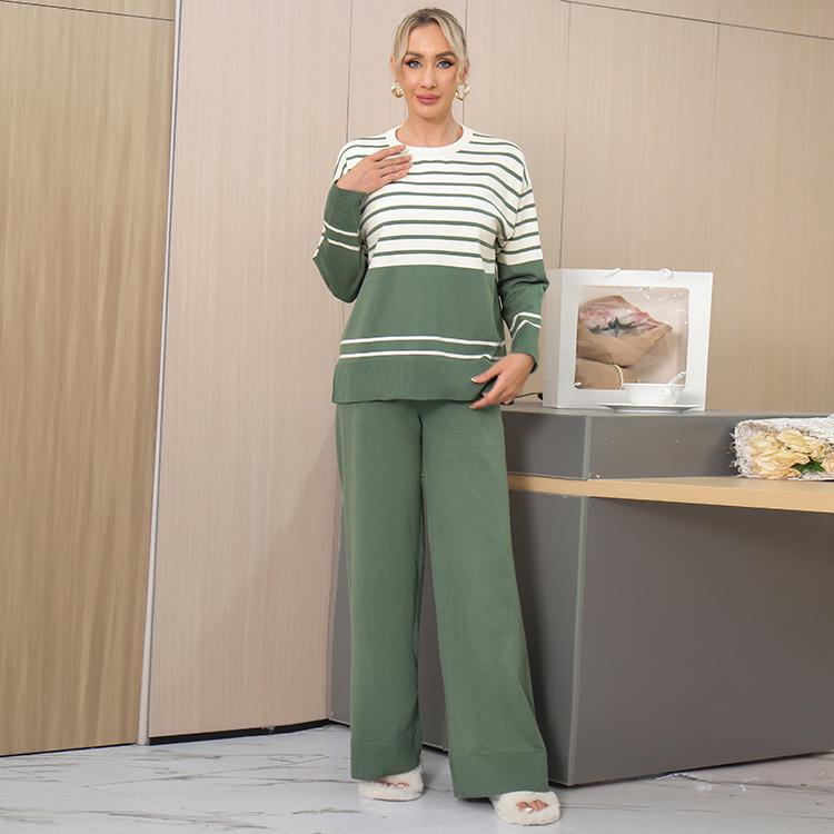 Otoño Invierno Mujer Casual Rayado Punto Suéter Pantalón Conjunto de Dos Piezas Manga Larga Jersey Tops y Pantalón de Pierna Ancha Chándal