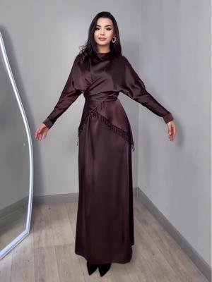 Vestido de dos piezas satinado para mujer Otoño 2025 con pedrería, cuello redondo y mangas largas ajustadas a la cintura