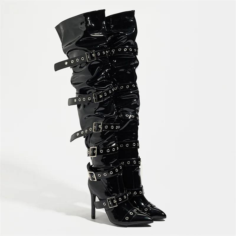 Punk Style Women Buckle Belt Strap Over The Knee Boots Fashion Zipper Thigh High Shoes Pointed Toe Party Strippers Heels