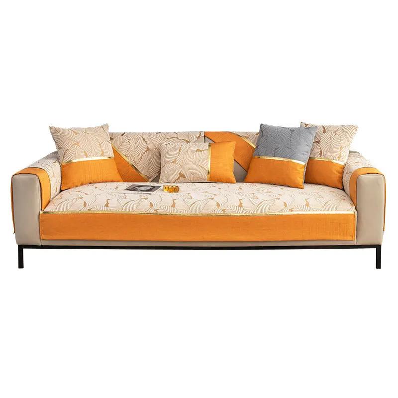 Goldrand geprägte Sofahandtuchmatte Chenille rutschfeste Sofabezug Kissenbezug Blattmuster Sofakissen Wohnzimmer L-förmig